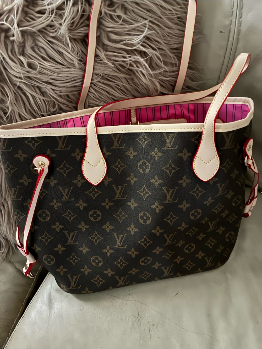 Monogram Tote with Pink Stripe Lining and Cream Trim
